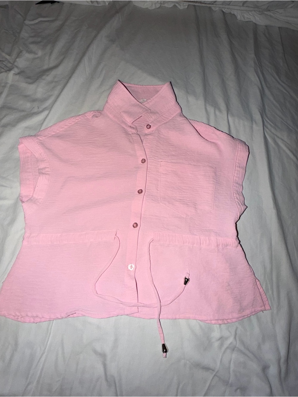 Girls' Pink Short Sleeve Button-Up Shirt with Drawstring Waist